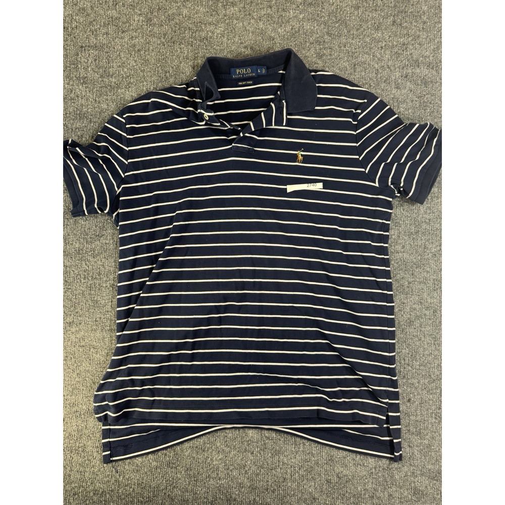 Polo Ralph Lauren Men's Large Navy Blue White Stripe Pima Soft Touch Polo Shirt
